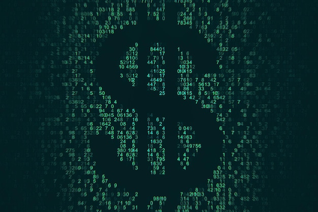 Dark coding dollar sign on dark background Cryptocurrency and money concept 3D Rendering