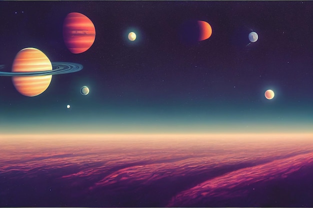 Dark night space landscape with half lighted Jupiter at horizon and small planets orbiting around
