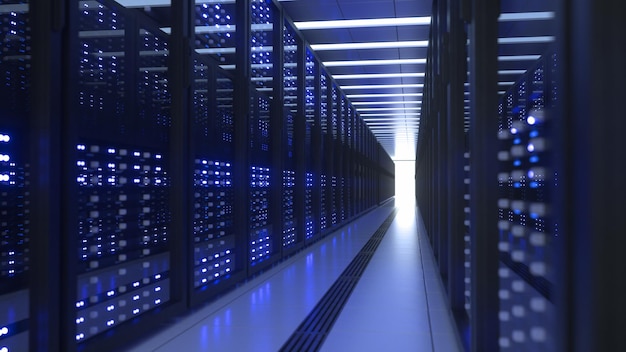 Data Center Computer Racks In Network Security Server Room Cryptocurrency Mining Farm or Hosting Storage Connected Dots Programming Code And Binary Concept 3D render dark blue