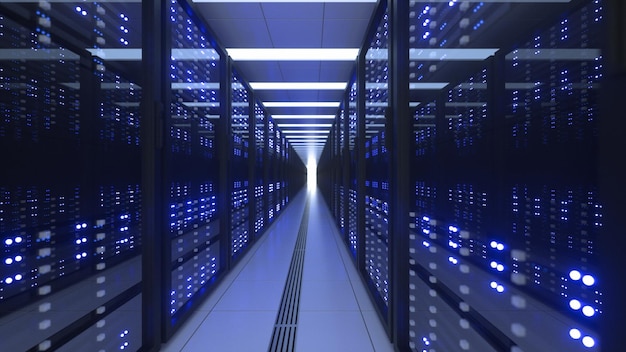 Data Center Computer Racks In Network Security Server Room Cryptocurrency Mining Farm or Hosting Storage Connected Dots Programming Code And Binary Concept 3D render dark blue
