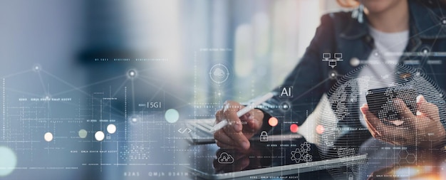 Data science digital technology big data management concept Computer programmer software engineer using digital tablet with internet network connection software technology and development