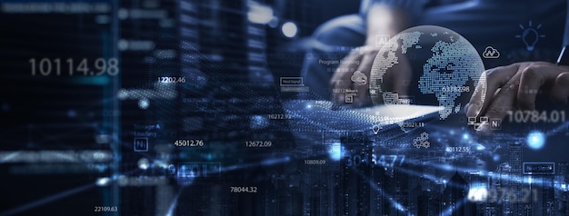Data science digital technology internet global network concept Computer programmer using digital tablet with data center and big data management innovation technology background