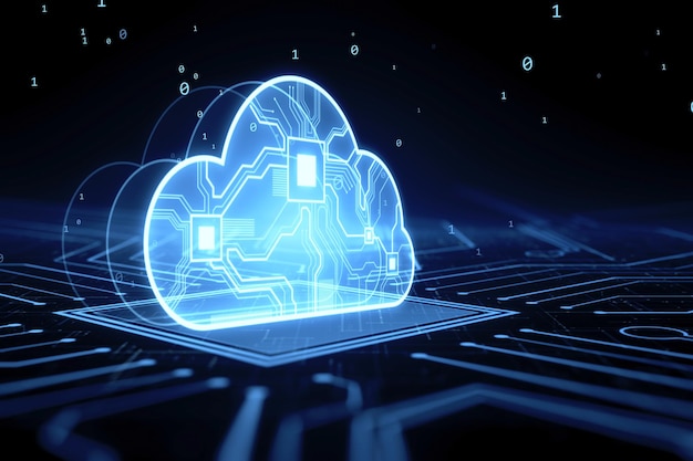 data storage and cloud computing technology concept with perspective view on glowing cloud symbol with circuit and processor inside on dark digital background 3d rendering