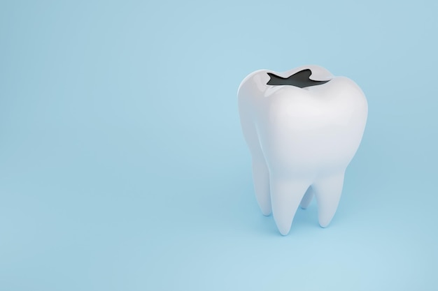 Decayed tooth on blue background