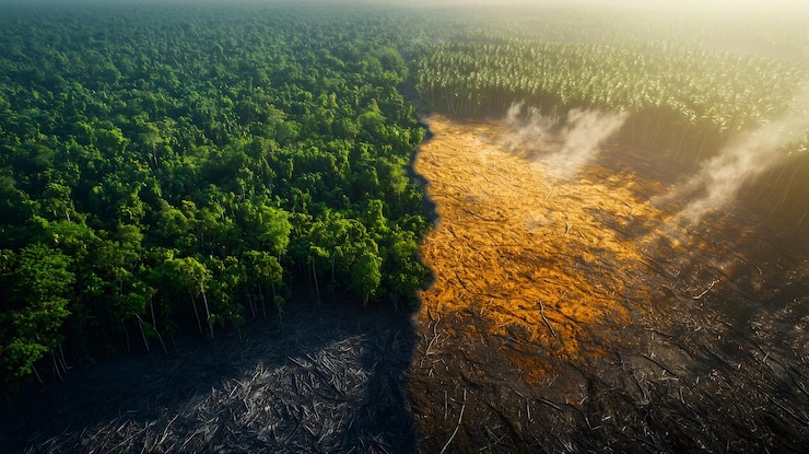 Fotografie deforestation is destroying lush green forest for palm oil plantation