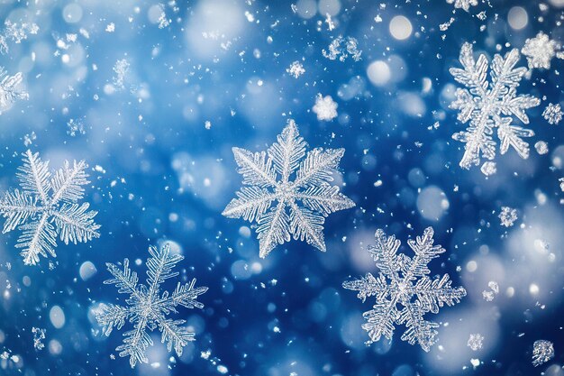 Delicate snowflakes float gracefully through a tranquil blue environment capturing the essence of winter39s magical ambiance Generative AI