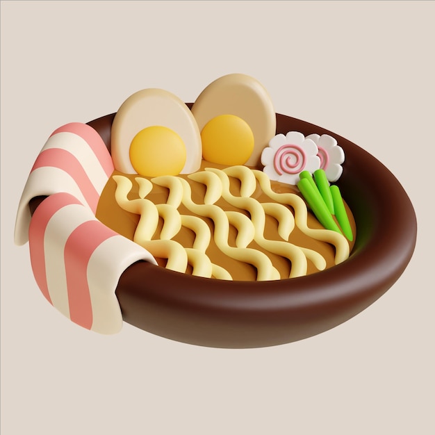 Delicious bowl of ramen with soft eggs vegetables and toppings 3D render illustration