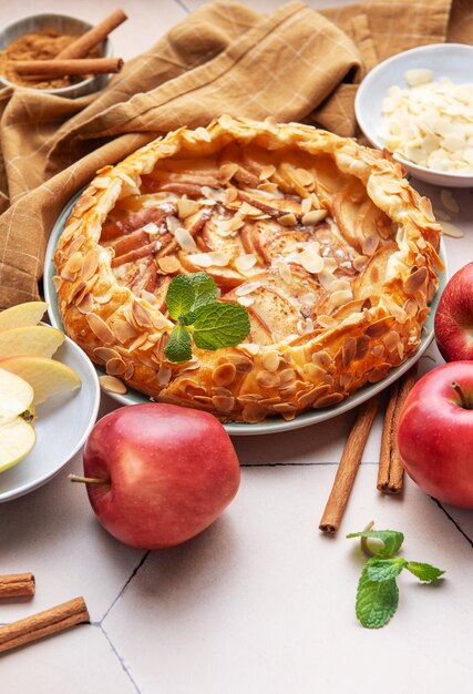 Delicious homemade apple galette with fresh apples almond slices and spices