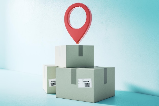 Delivery and courier service concept with red pinpoint icon above cardboard boxes in empty hall room 3D rendering