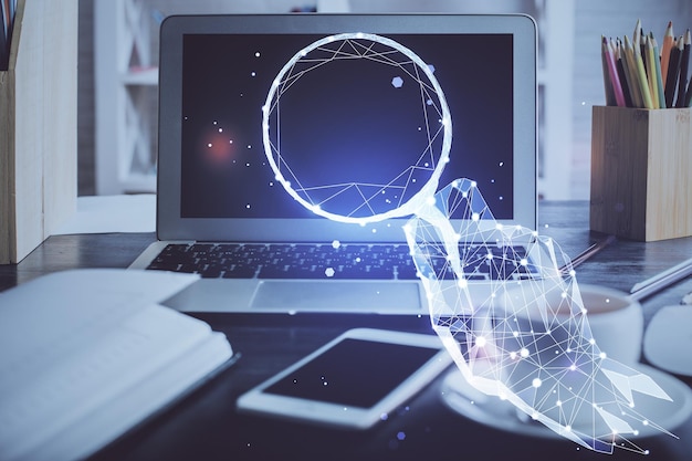 desktop computer background in office and start up theme hologram drawing double exposure startup concept