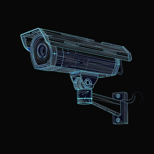 Detailed Wireframe Illustration of Outdoor Security Camera on Black Background