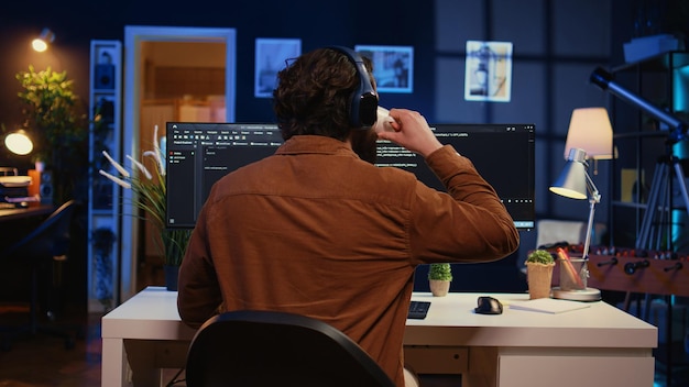Developer drinking coffee and listening music while writing code