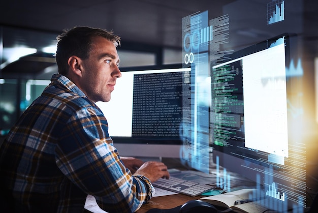 Developer man and programmer code on computer screen with cybersecurity hologram analytics and seo or working at night Technology coding and hacker on dark software safety and iot password