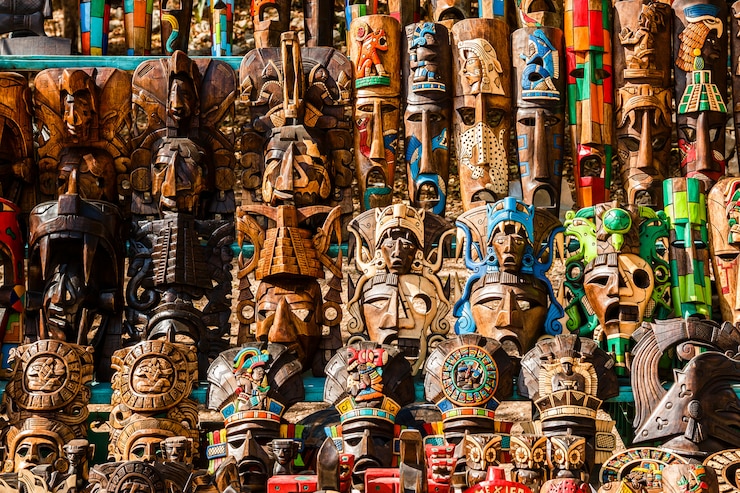 Fotografie different wooden souvenirs at the local mexican market
