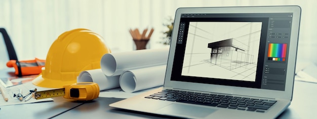 Digital blueprint by architecture design software on laptop screen with documents and blueprint layout on office table seamless integration of technology and traditional drafting method Insight