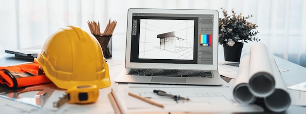 Digital blueprint by architecture design software on laptop screen with documents and blueprint layout on office table seamless integration of technology and traditional drafting method Insight