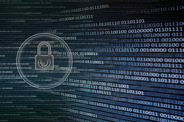 digital composite image of binary codes and lock symbol