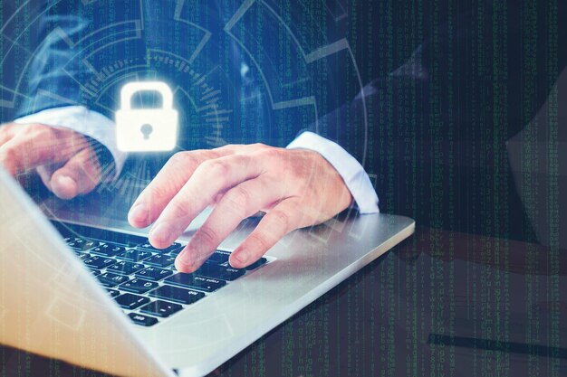 digital composite image of businessman using laptop