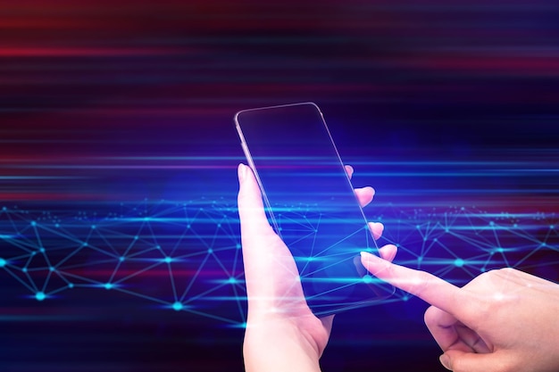 Digital composite image of woman using mobile phone with connecting dots