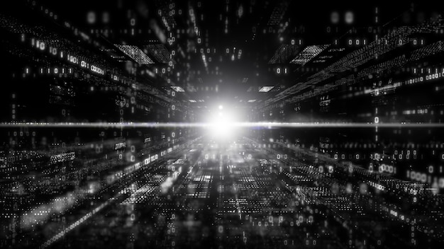 digital cyberspace with particles and digital data network connections concept. black and white color