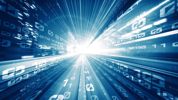 digital data flow on road in concept of cyber global communication and coding with graphic creating vision of fast speed transfer to show agile digital transformation , disruptive innovation .