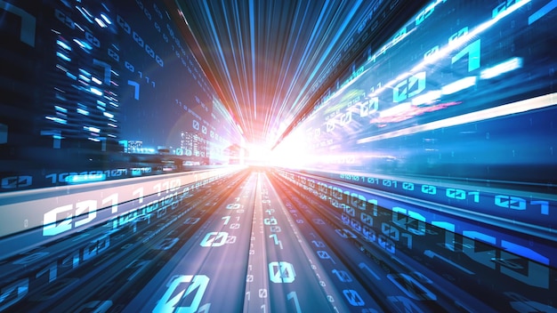 digital data flow on road in concept of cyber global communication and coding with graphic creating vision of fast speed transfer to show agile digital transformation , disruptive innovation .
