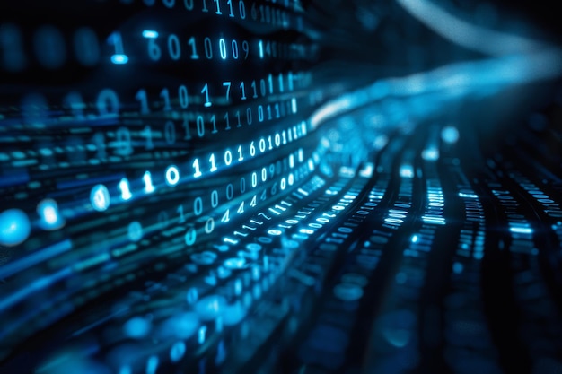 Digital data stream of blue numbers and code flowing in the dark space abstract background for technology or digital information concept with binary number on black screen