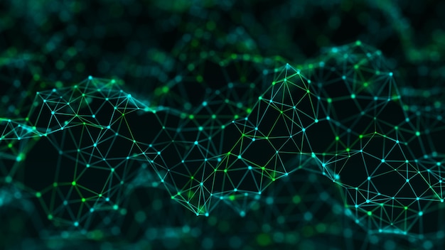 digital dynamic wave abstract futuristic green background with dots and lines big data visualization 3d rendering