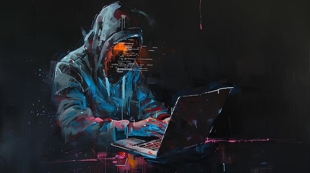 digital illustration of a hacker with a laptop in front of a colorful background