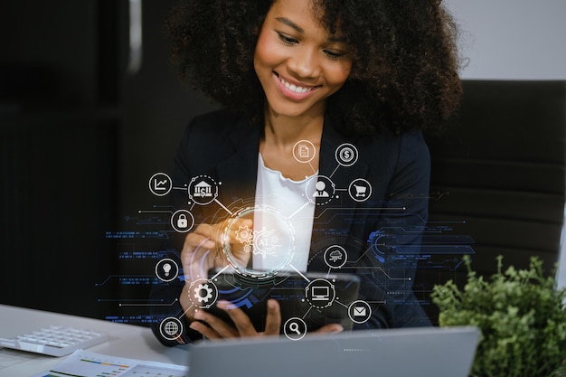 Digital transformation technology strategy Person using laptop tablet and smartphone with of things transformation of ideas and the adoption