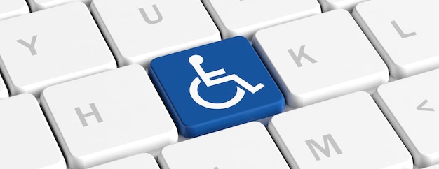 Disability handicapped Blue key button with wheelchair sign on a computer keyboard banner 3d illustration