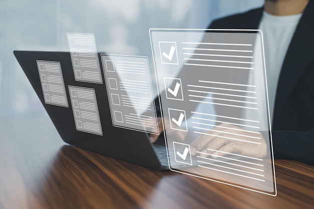Document Checklist concept Businessman using computer for DMS documents management and ERP software for Document system management Automation software to archiving and efficiently manage information