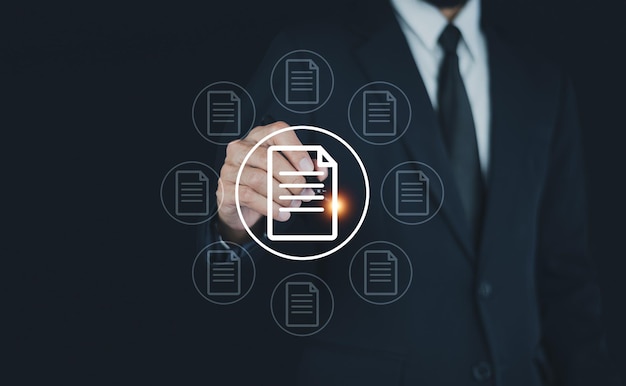 documents management information system concept businessman using visual screen internet for documents management information system and erp program data directory in company erp document management