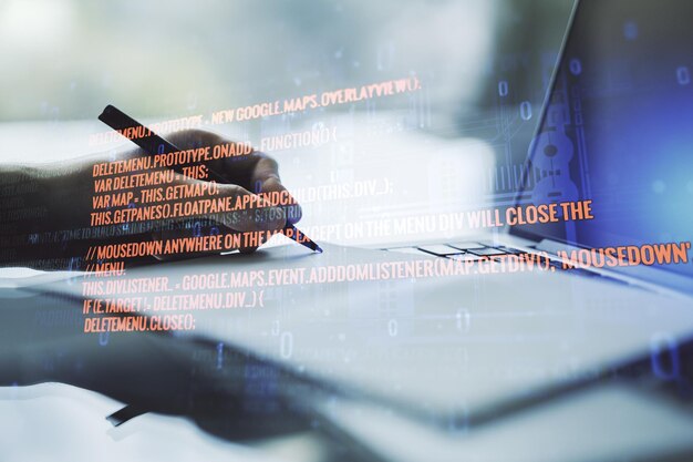 Double exposure of abstract creative programming illustration and hand writing in notepad on background with laptop big data and blockchain concept