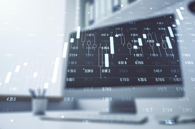 double exposure of abstract creative statistics data hologram and modern desktop with laptop on background statistics and analytics concept