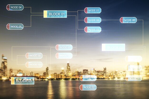 Double exposure of abstract programming language interface on Chicago city skyscrapers background research and development concept