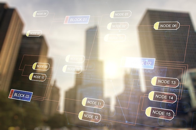 Double exposure of abstract programming language interface on modern skyscrapers background research and development concept