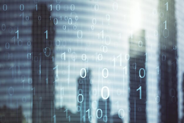 Double exposure of abstract virtual binary code hologram on modern skyscrapers background Database and programming concept