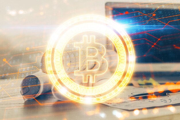double exposure of blockchain and crypto economy theme hologram and table with computer background concept of bitcoin cryptocurrency