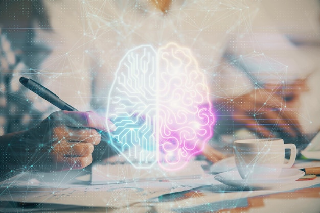 Double exposure of brain drawing over people taking notes background Concept of Ai