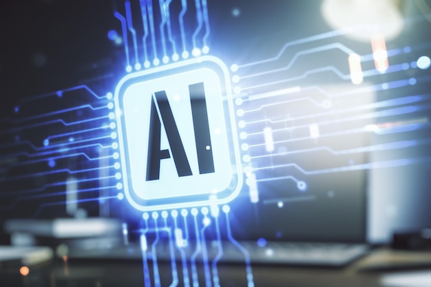 Double exposure of creative artificial Intelligence icon with modern laptop on background Neural networks and machine learning concept