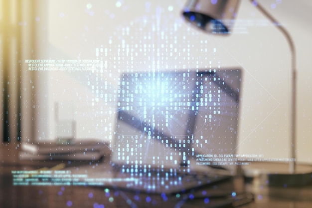 Double exposure of creative code skull hologram on laptop background Malware and cyber crime concept