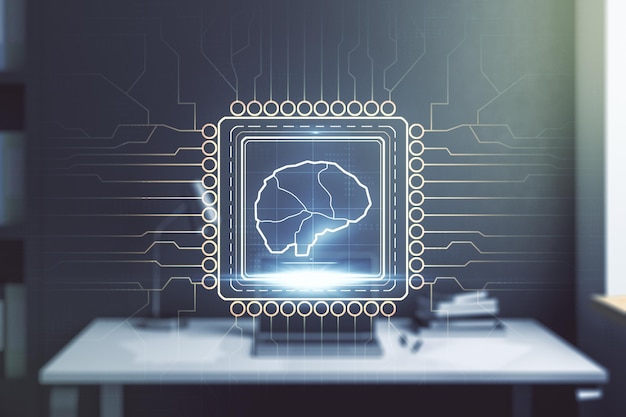 Double exposure of creative human brain microcircuit and modern desk with computer on background Future technology and AI concept