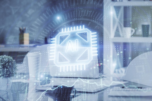 double exposure of data theme drawing and office interior background concept of technology