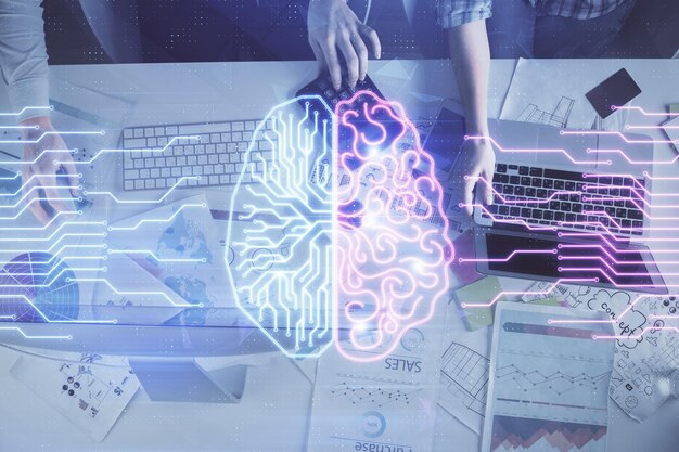 Double exposure of man and woman working together and brain drawing hologram Intellectual brainstorming concept Computer background