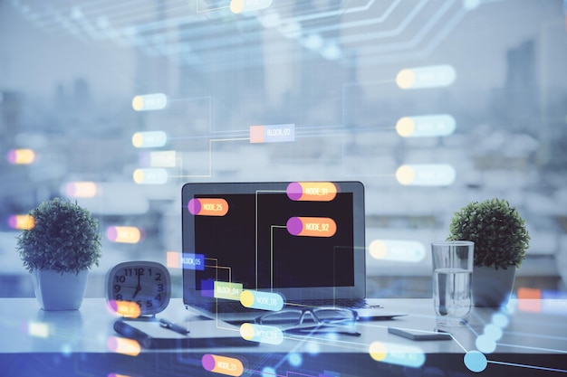 Double exposure of table with computer on background and data theme drawing Concept of innovation