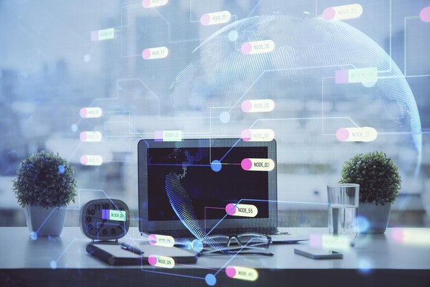 double exposure of table with computer on background and data theme drawing concept of innovation