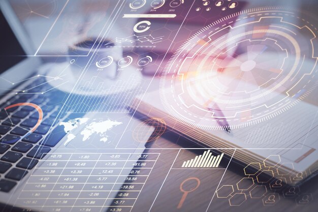 Double exposure of technology theme drawing and desktop with coffee and items on table background Concept of data research