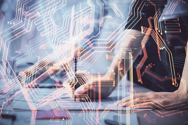 Double exposure of woman hands typing on computer and technology theme drawing High Tech concept