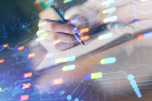 Double exposure of woman's hands on background with technology and digital coding icons Data development concept Close up